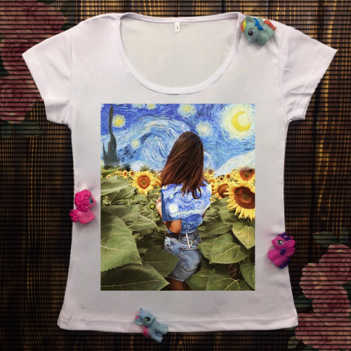 Жіноча футболка з принтом - Дівчина і соняшники