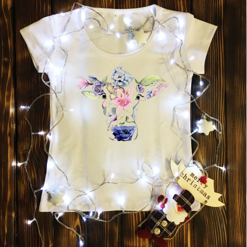 Жіноча футболка з принтом - Корова с цветов