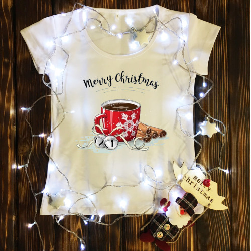 Жіноча футболка з принтом - Кава з корицею - Merry Christmas