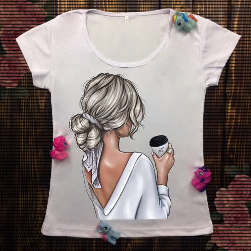 Жіноча футболка з принтом - Дівчина з кавою