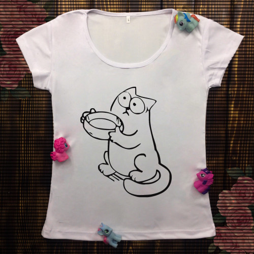 Жіноча футболка з принтом - Кіт Саймон просить їсти