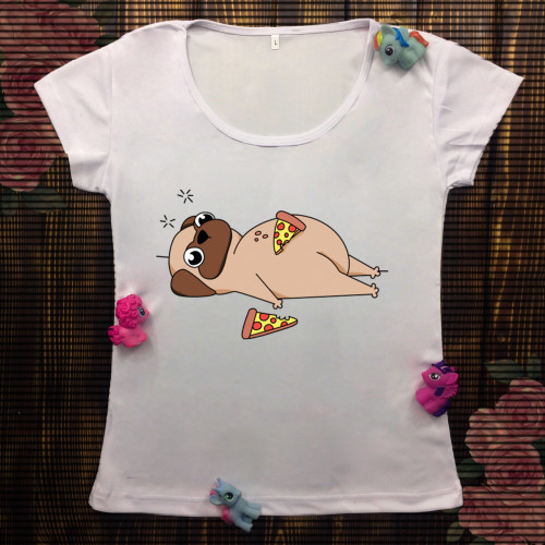 Жіноча футболка з принтом - Мопс з піцою