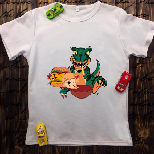 Чоловіча футболка з принтом - Динозавр з курочкою