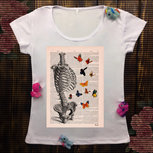 Жіноча футболка з принтом - Скелет з метеликами 