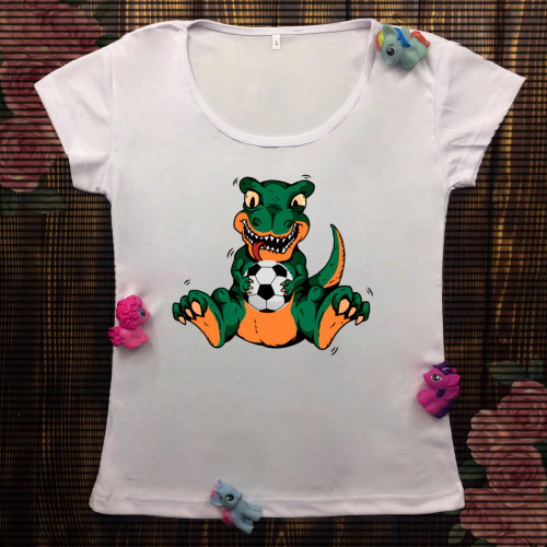 Жіноча футболка з принтом - Динозавр з футбольним м'ячем