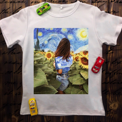 Чоловіча футболка з принтом - Дівчина і соняшники