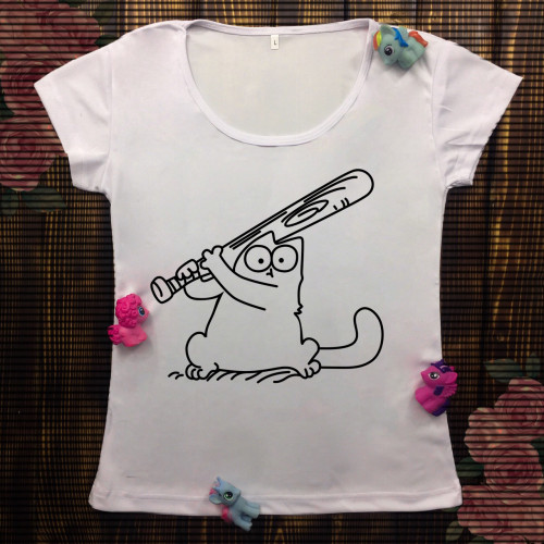 Жіноча футболка з принтом - Кіт Саймон з битою