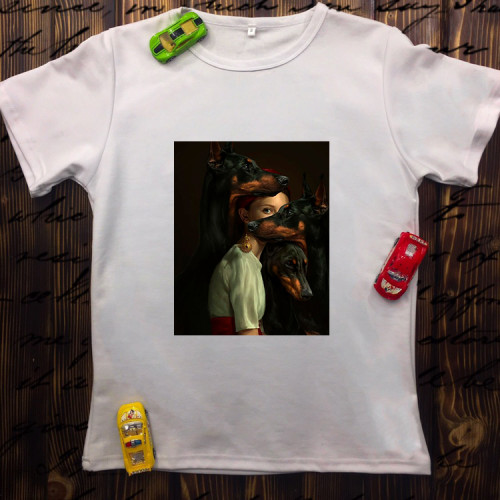 Чоловіча футболка з принтом - Дівчина з доберманами