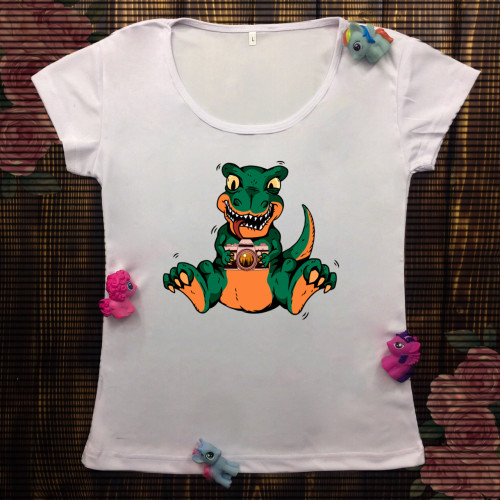 Жіноча футболка з принтом - Динозавр з фотоапаратом