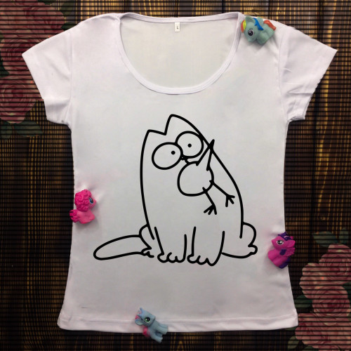 Жіноча футболка з принтом - Кот Саймон з птахом