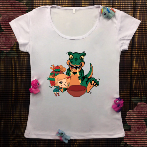 Жіноча футболка з принтом - Динозавр з кексом