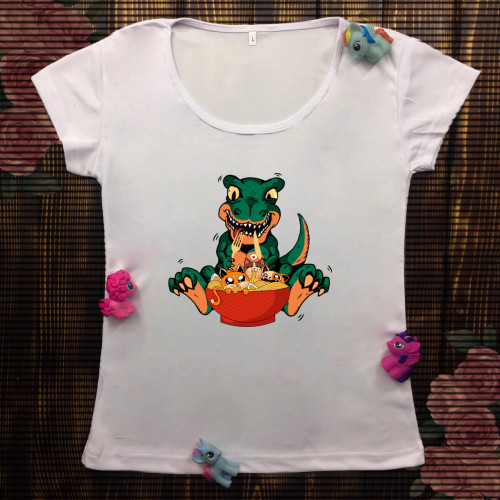 Жіноча футболка з принтом - Динозавр з їжею