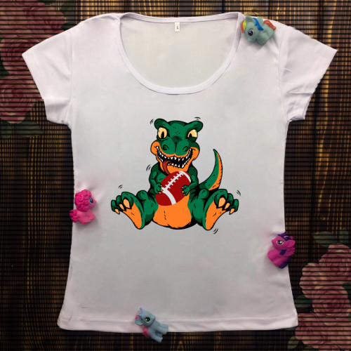 Жіноча футболка з принтом - Динозавр з м'ячем (регбі)