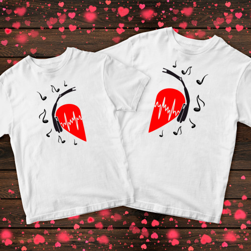 Парні футболки з принтом - Серце в наушниках