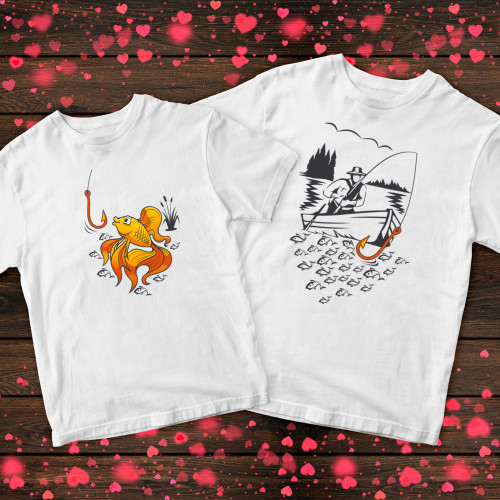 Парні футболки з принтом - Рибак та Золота рибка