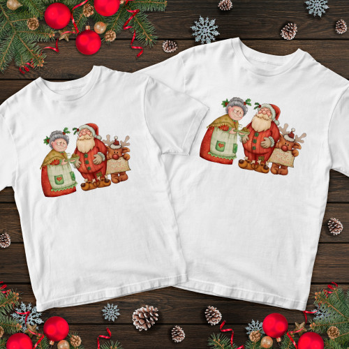 Парні футболки з принтом - Дід і Бабуся мороз з оленьом