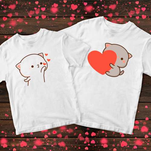Парні футболки з принтом - Love Mochi Peach Cat