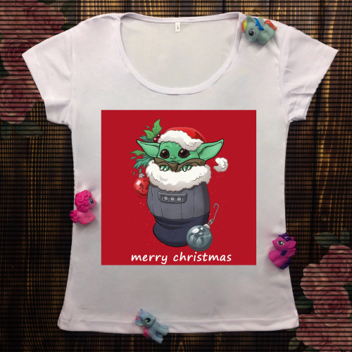 Жіноча футболка з принтом - Baby yoda - merry christmas