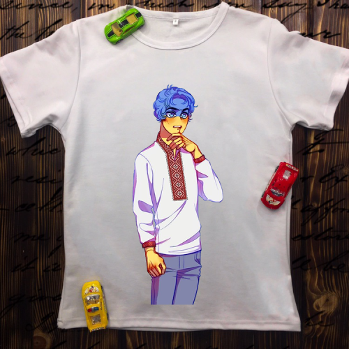 Чоловіча футболка з принтом - Хлопець з аніме у вишитій сорочці 