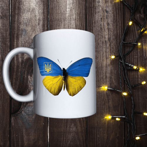 Чашка з принтом - Жовто-блакитний метелик з гербом
