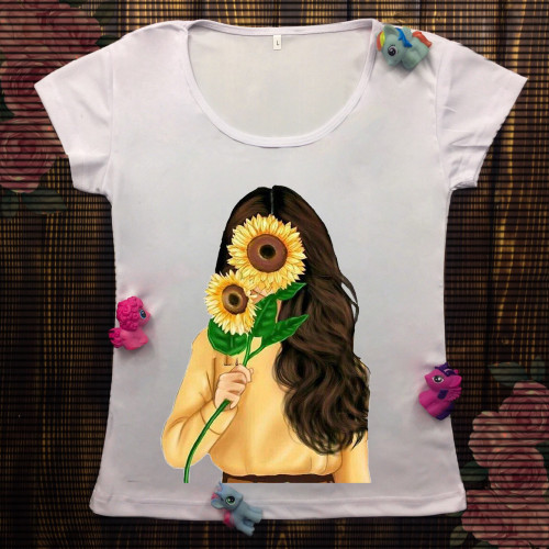 Жіноча футболка з принтом - Дівчина з соняхами