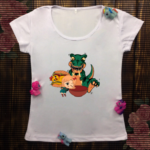 Жіноча футболка з принтом - Динозавр з курочкою