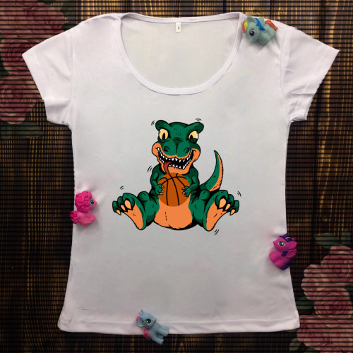 Жіноча футболка з принтом - Динозавр з баскетбольним м'ячем