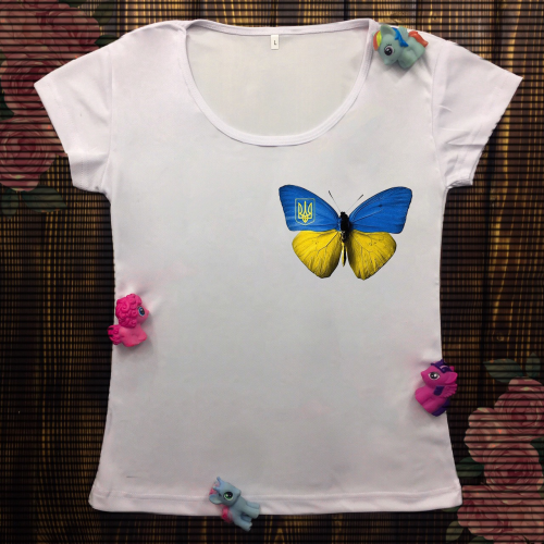 Жіноча футболка з принтом - Жовто-блакитний метелик з гербом